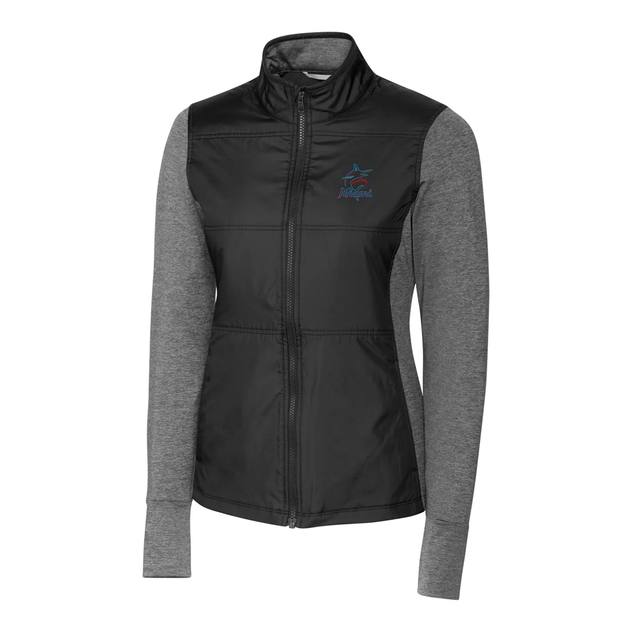Women's Miami Marlins Cutter & Buck Black DryTec Stealth Hybrid Quilted Full-Zip Windbreaker Jacket - Image 2