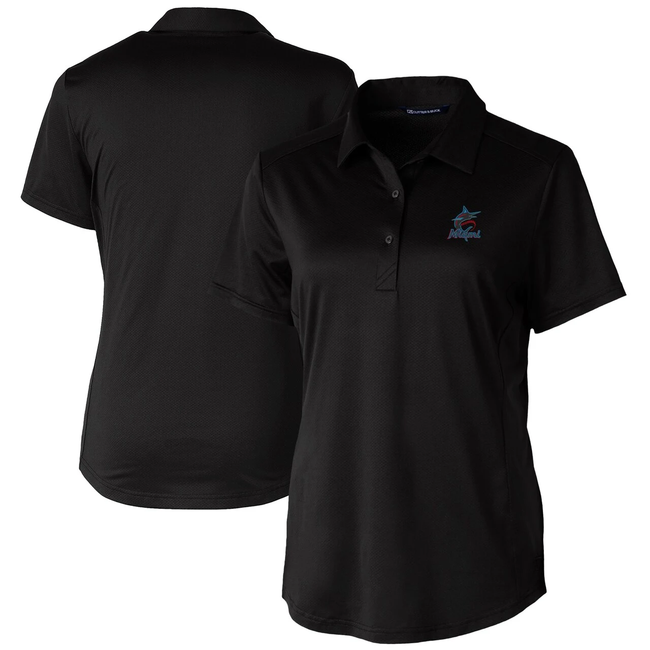 Women's Miami Marlins Cutter & Buck Black Prospect Textured Stretch Polo