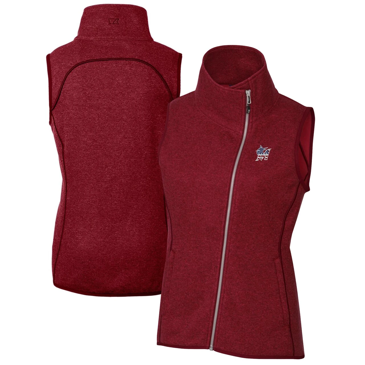 Women's Miami Marlins Cutter & Buck Cardinal Americana Logo Mainsail Sweater-Knit Full-Zip Asymmetrical Vest
