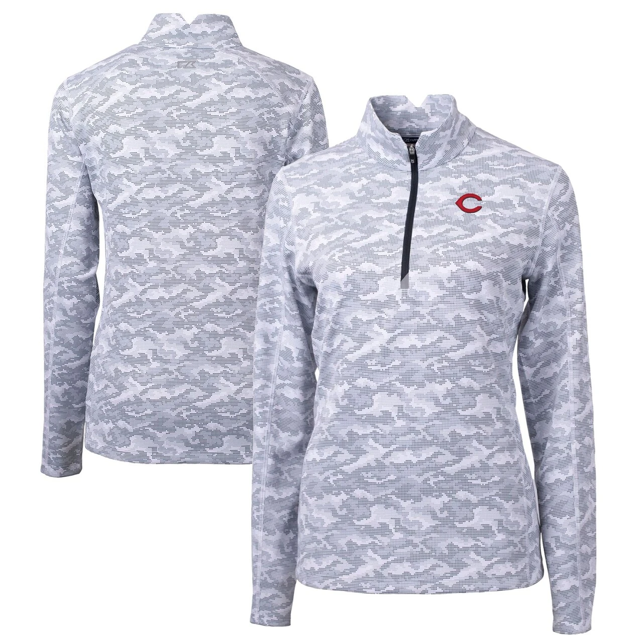 Women's Cincinnati Reds Cutter & Buck Charcoal Traverse Camo Print Stretch Quarter-Zip Pullover Top