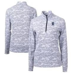 Women's Detroit Tigers Cutter & Buck Charcoal Traverse Camo Print Stretch Quarter-Zip Pullover Top