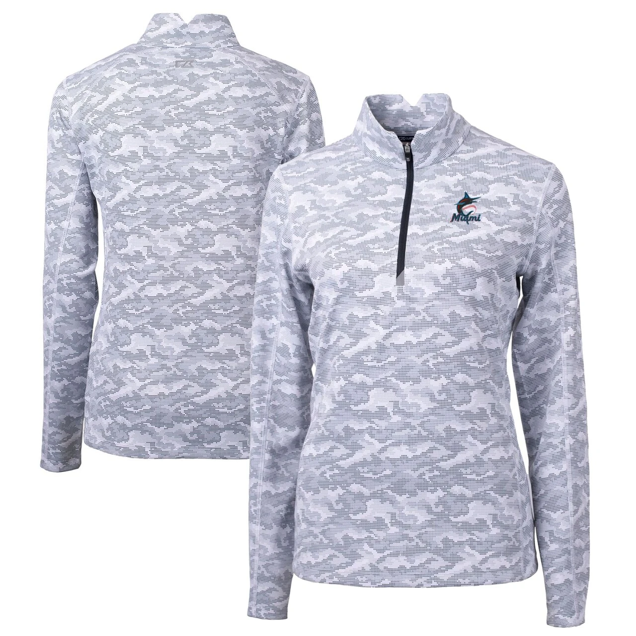 Women's Miami Marlins Cutter & Buck Charcoal Traverse Camo Print Stretch Quarter-Zip Pullover Top