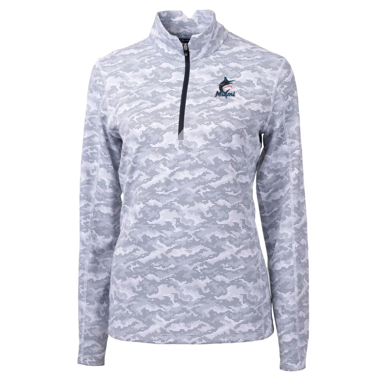 Women's Miami Marlins Cutter & Buck Charcoal Traverse Camo Print Stretch Quarter-Zip Pullover Top - Image 2