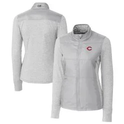 Women's Cincinnati Reds Cutter & Buck Gray DryTec Stealth Hybrid Quilted Full-Zip Windbreaker Jacket