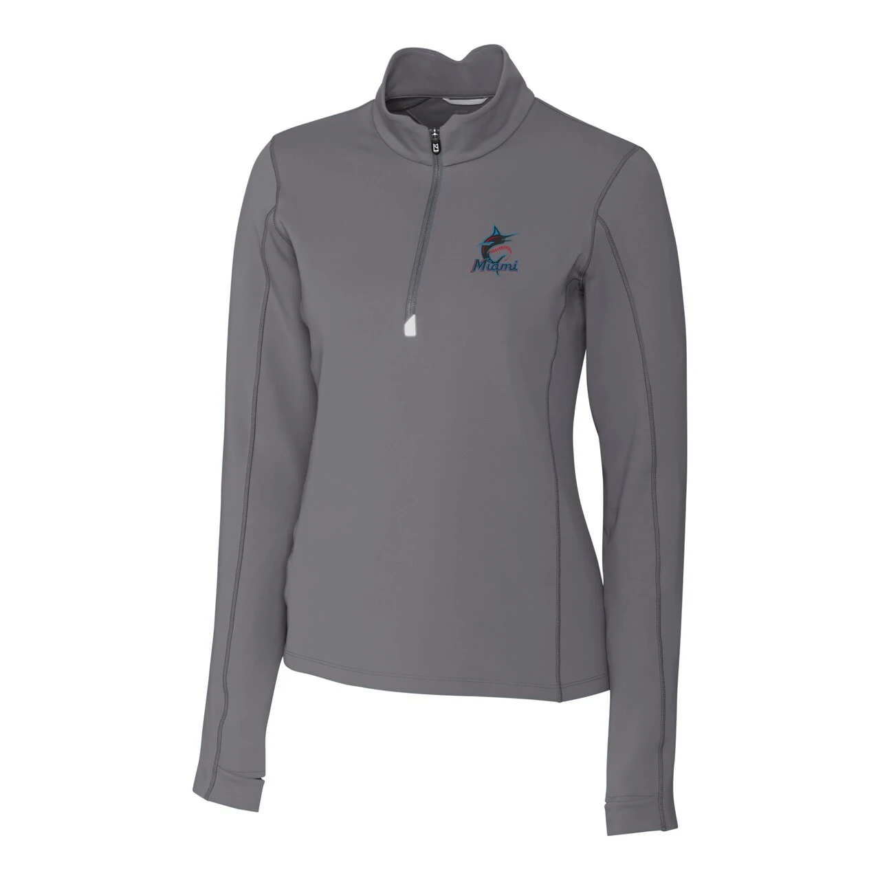 Women's Miami Marlins Cutter & Buck Gray DryTec Traverse Stretch Quarter-Zip Pullover Top - Image 2