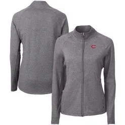 Women's Cincinnati Reds Cutter & Buck Heather Black Adapt Eco Knit Raglan Full-Zip Jacket