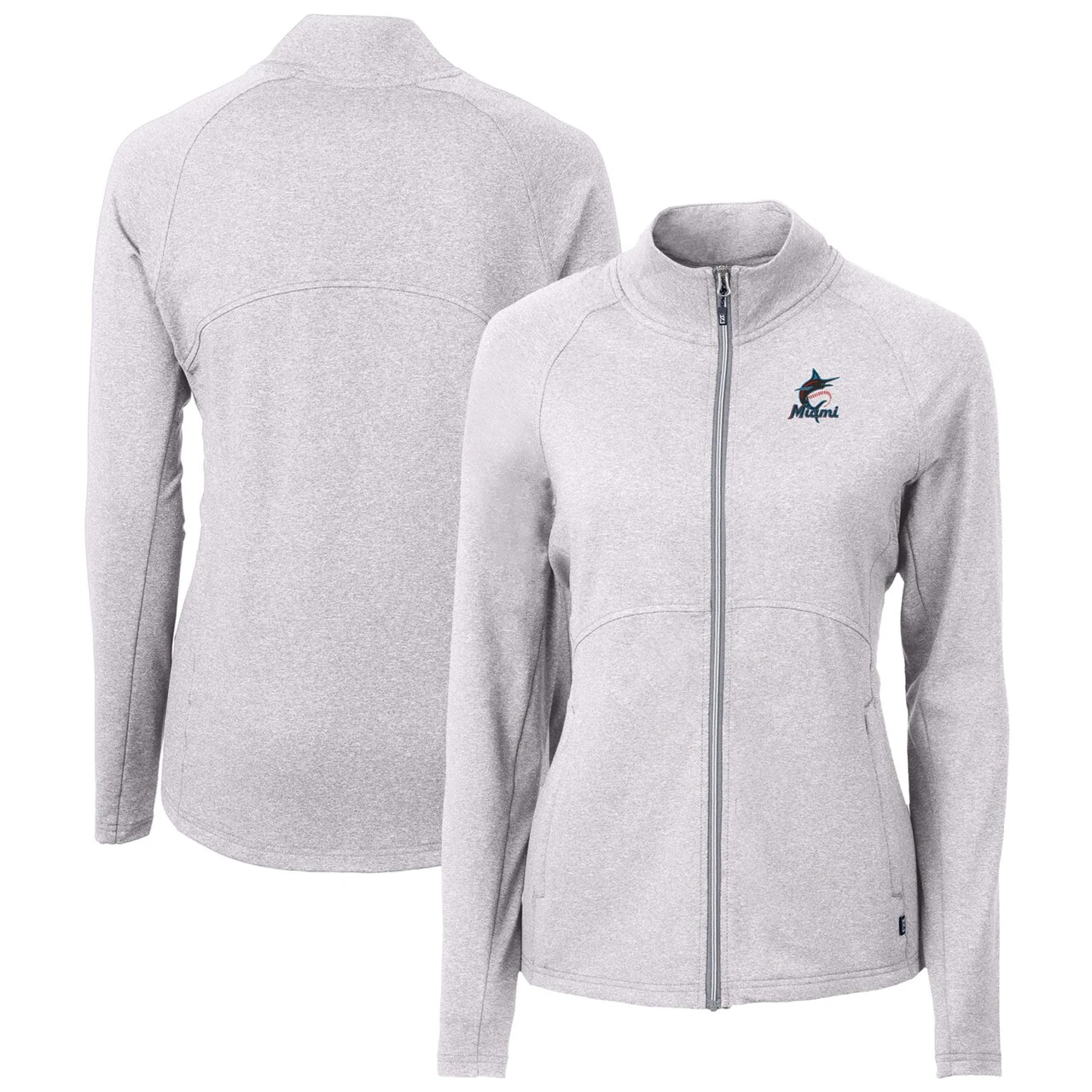 Women's Miami Marlins Cutter & Buck Heather Gray Adapt Eco Knit Raglan Full-Zip Jacket