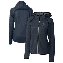 Women's Atlanta Braves Cutter & Buck Heather Navy Americana Logo Mainsail Sweater-Knit Full-Zip Hoodie