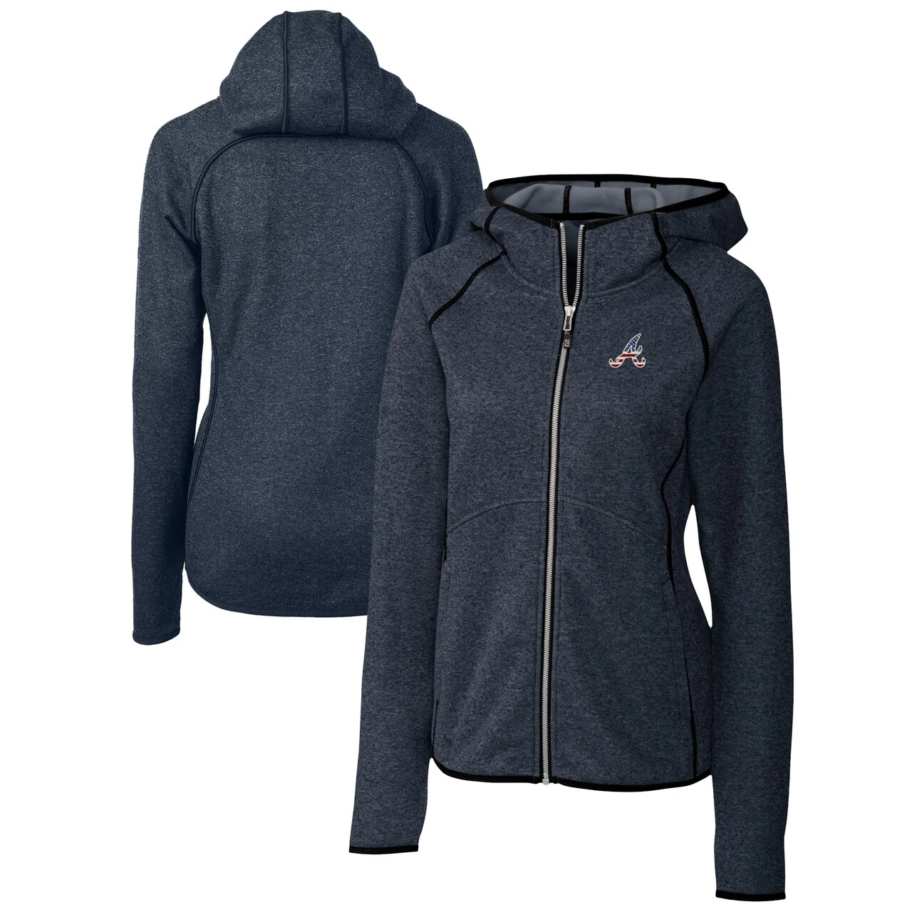 Women's Atlanta Braves Cutter & Buck Heather Navy Americana Logo Mainsail Sweater-Knit Full-Zip Hoodie