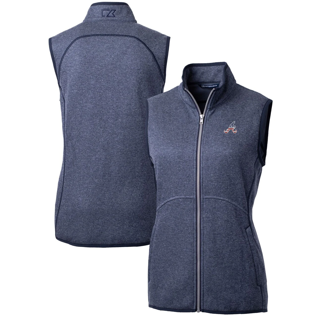 Women's Atlanta Braves Cutter & Buck Heather Navy Americana Logo Mainsail Sweater-Knit Full-Zip Vest
