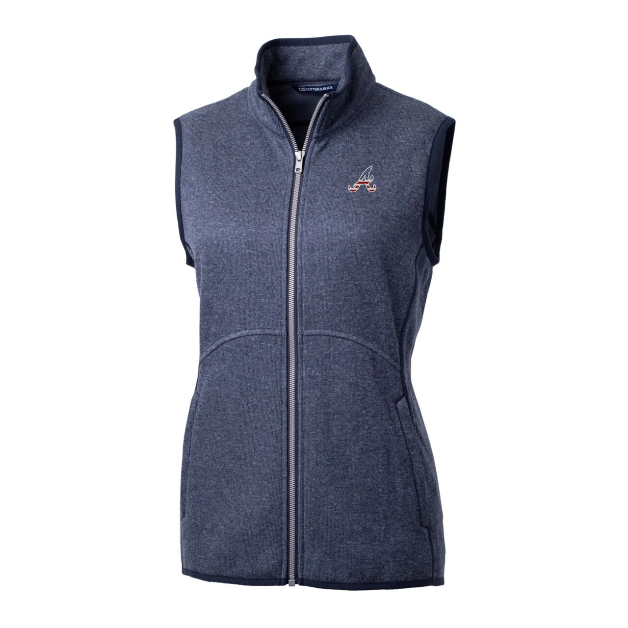 Women's Atlanta Braves Cutter & Buck Heather Navy Americana Logo Mainsail Sweater-Knit Full-Zip Vest - Image 2