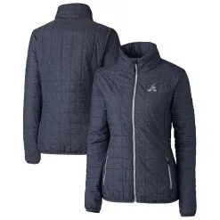 Women's Atlanta Braves Cutter & Buck Heather Navy Americana Logo Rainier PrimaLoft Eco Insulated Full-Zip Puffer Jacket