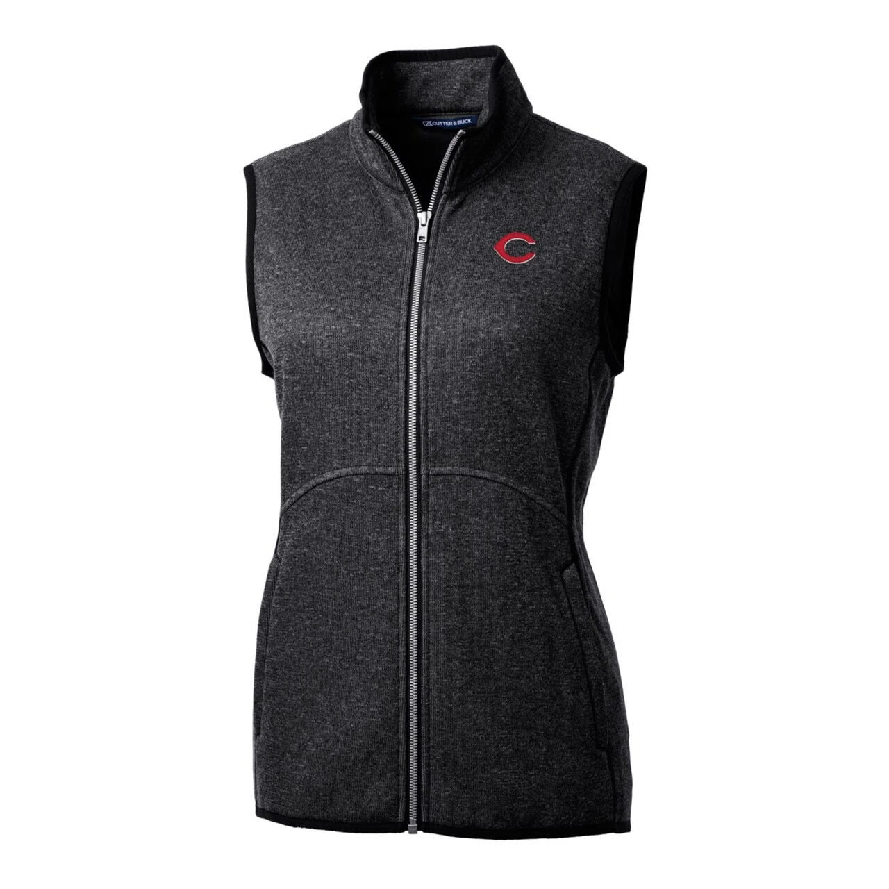 Women's Cincinnati Reds Cutter & Buck Heathered Charcoal Mainsail Sweater-Knit Full-Zip Vest - Image 2