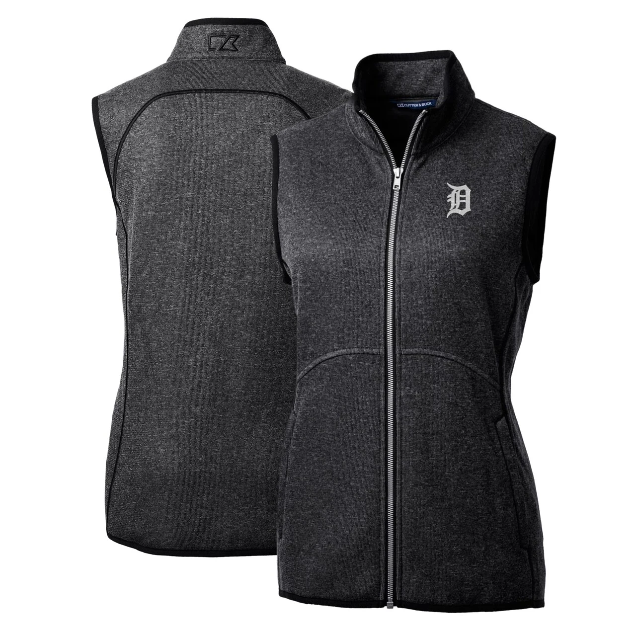 Women's Detroit Tigers Cutter & Buck Heathered Charcoal Mainsail Sweater-Knit Full-Zip Vest