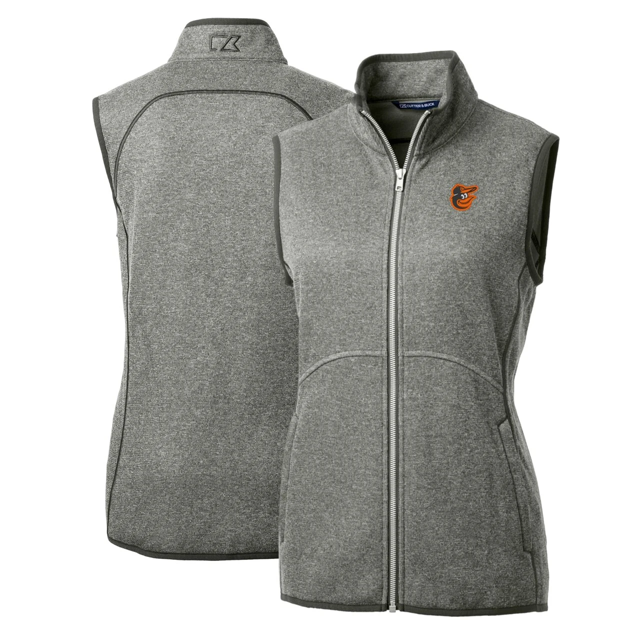 Women's Baltimore Orioles Cutter & Buck Heathered Gray Mainsail Sweater-Knit Full-Zip Vest