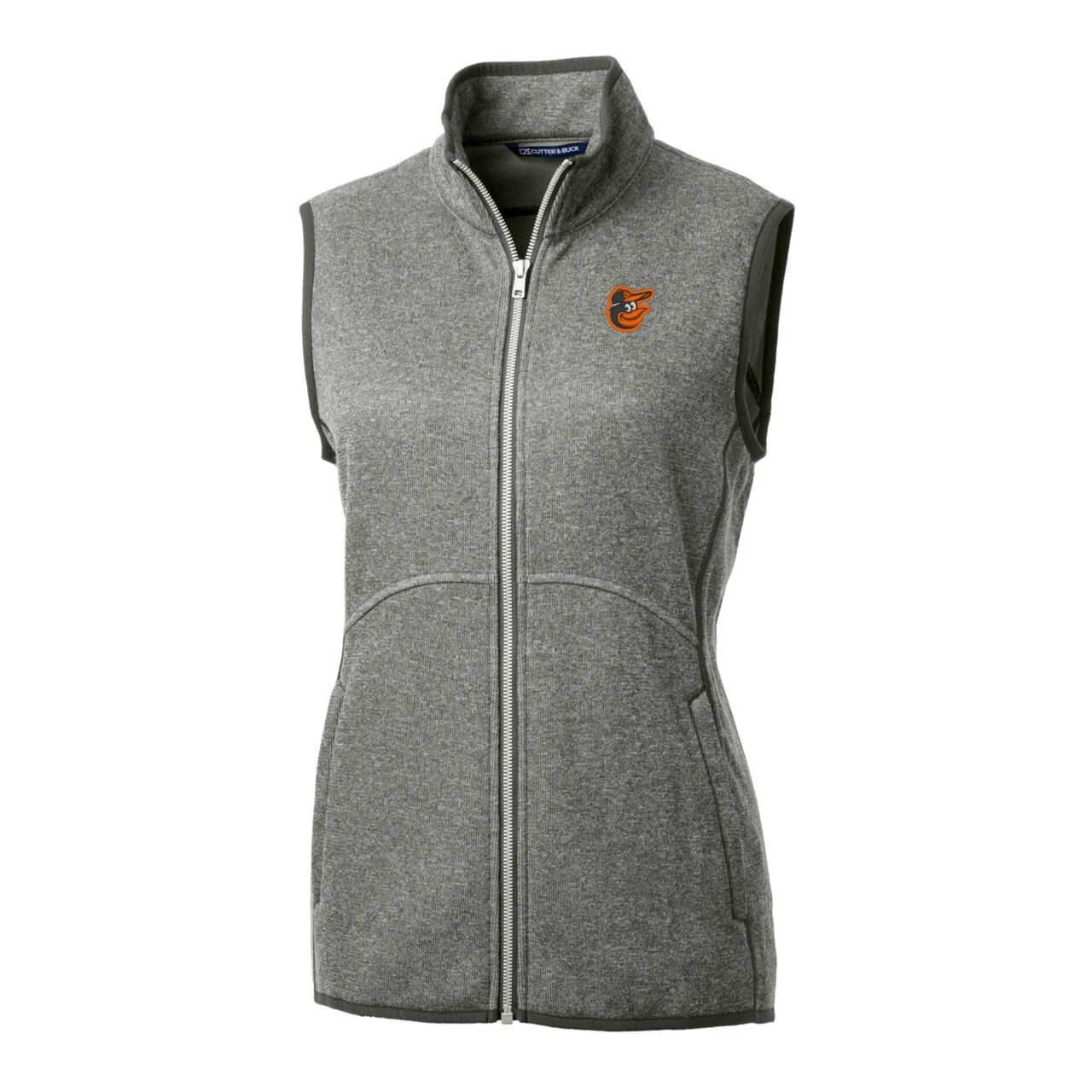 Women's Baltimore Orioles Cutter & Buck Heathered Gray Mainsail Sweater-Knit Full-Zip Vest - Image 2