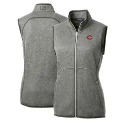 Women's Cincinnati Reds Cutter & Buck Heathered Gray Mainsail Sweater-Knit Full-Zip Vest