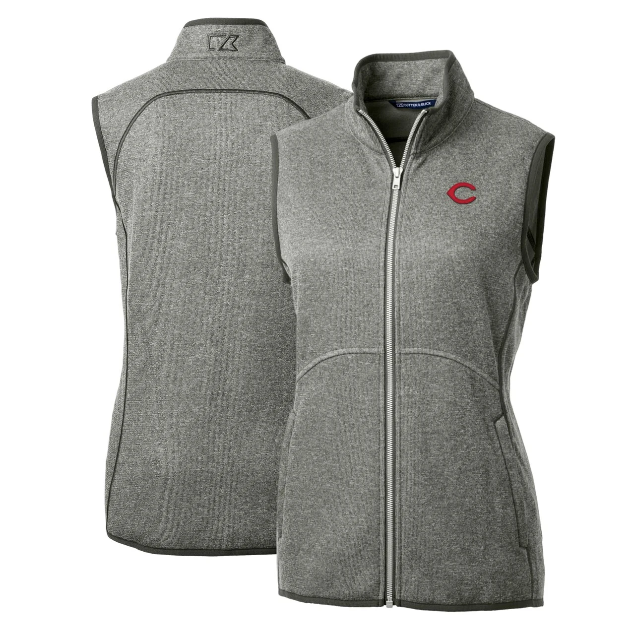 Women's Cincinnati Reds Cutter & Buck Heathered Gray Mainsail Sweater-Knit Full-Zip Vest