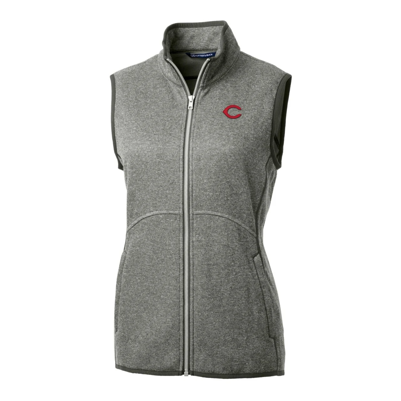 Women's Cincinnati Reds Cutter & Buck Heathered Gray Mainsail Sweater-Knit Full-Zip Vest - Image 2