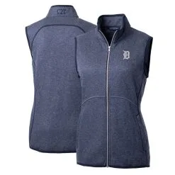 Women's Detroit Tigers Cutter & Buck Heathered Navy Mainsail Sweater-Knit Full-Zip Vest