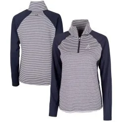 Women's Atlanta Braves Cutter & Buck Navy DryTec Forge Tonal Stripe Half-Zip Top