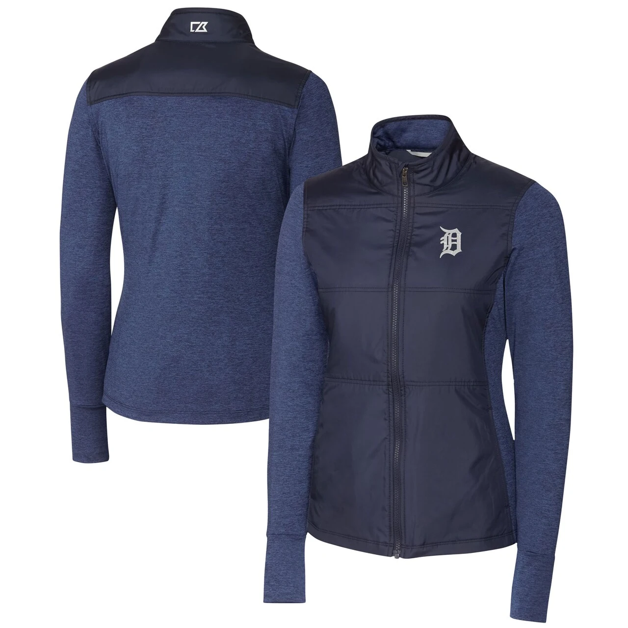 Women's Detroit Tigers Cutter & Buck Navy DryTec Stealth Hybrid Quilted Full-Zip Windbreaker Jacket