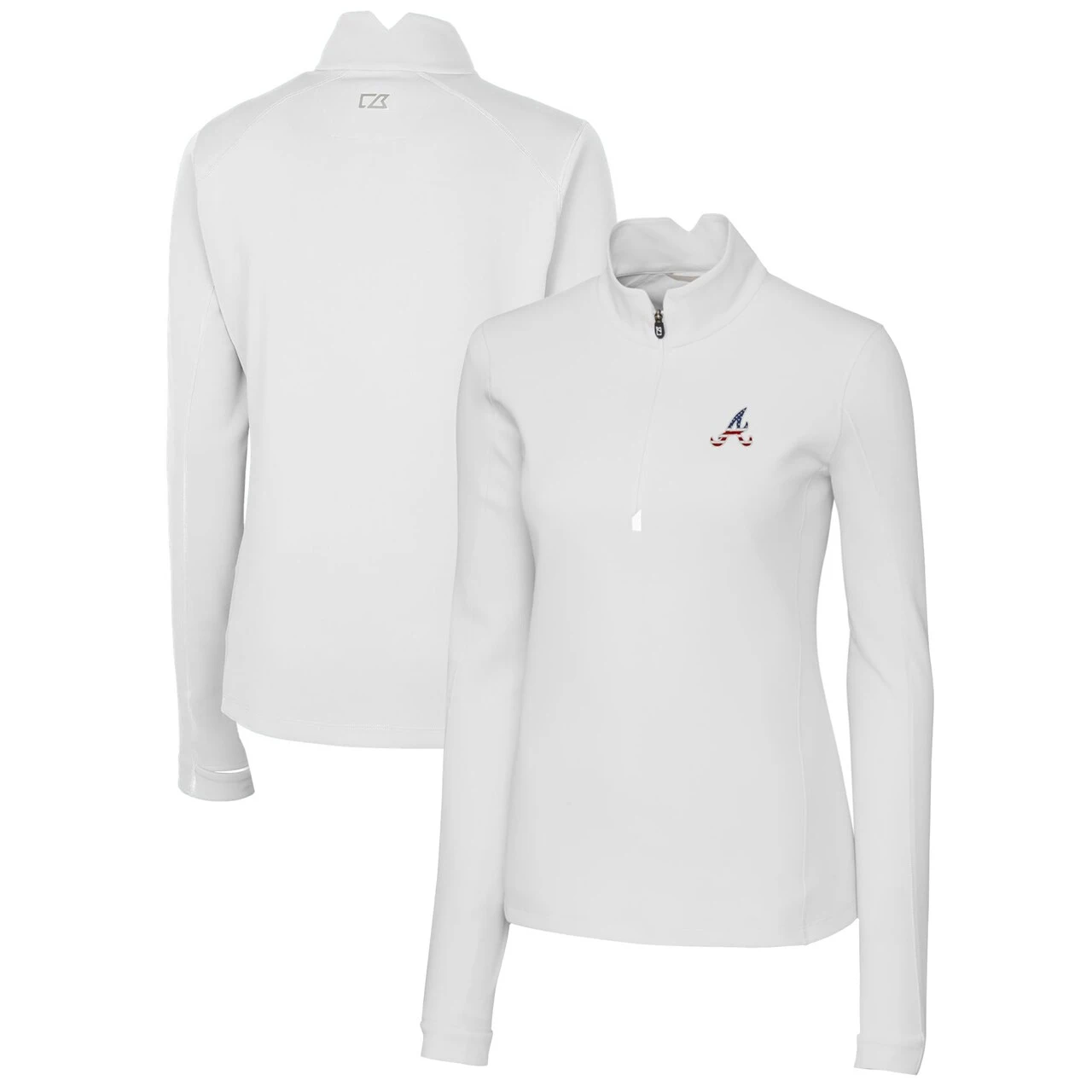 Women's Atlanta Braves Cutter & Buck White Americana Logo DryTec Traverse Stretch Quarter-Zip Pullover Top