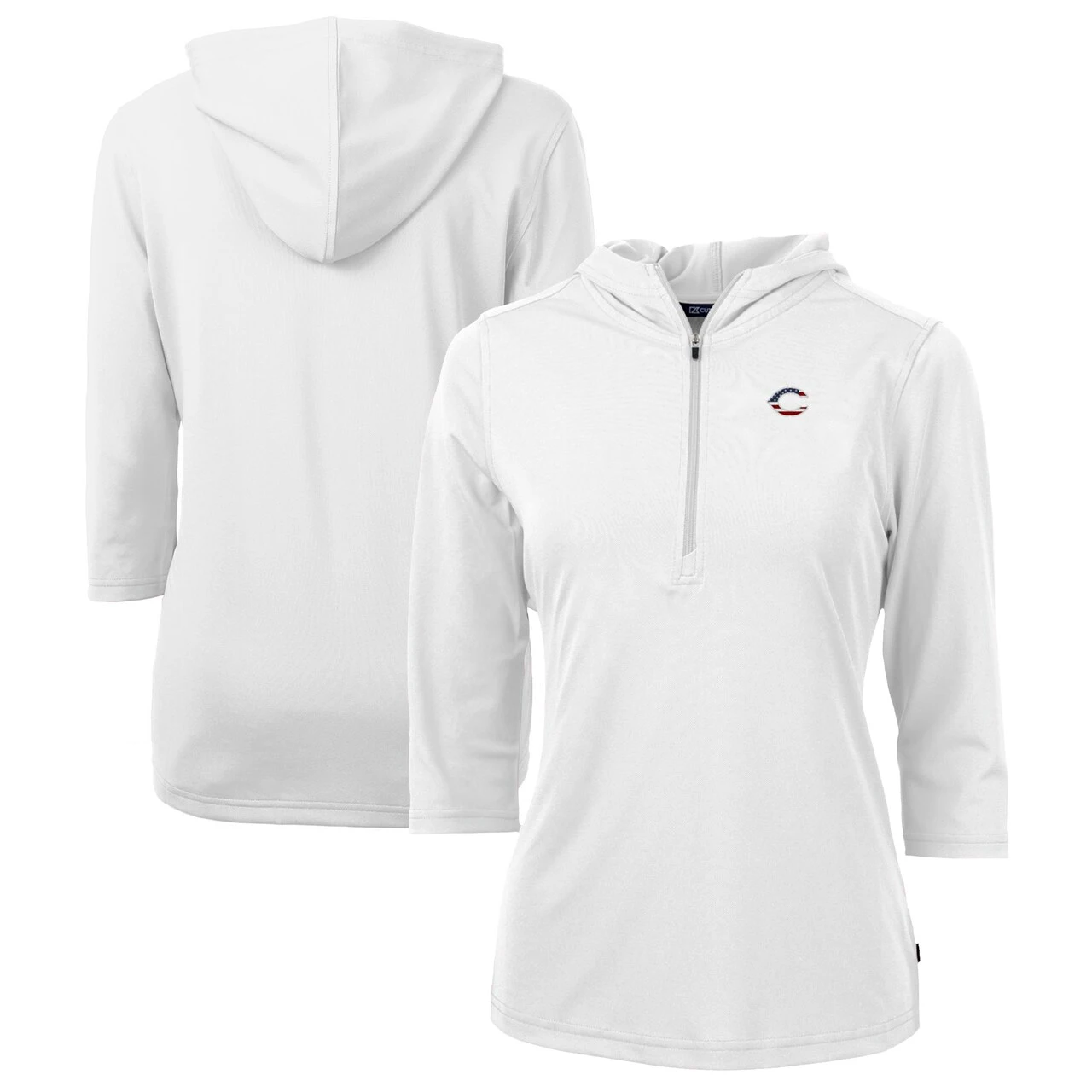 Women's Cincinnati Reds Cutter & Buck White Americana Logo DryTec Virtue Eco Pique Recycled Half-Zip Pullover Hoodie