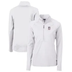 Women's Detroit Tigers Cutter & Buck White Americana Logo Adapt Eco Knit Stretch Recycled Half-Zip Pullover Top