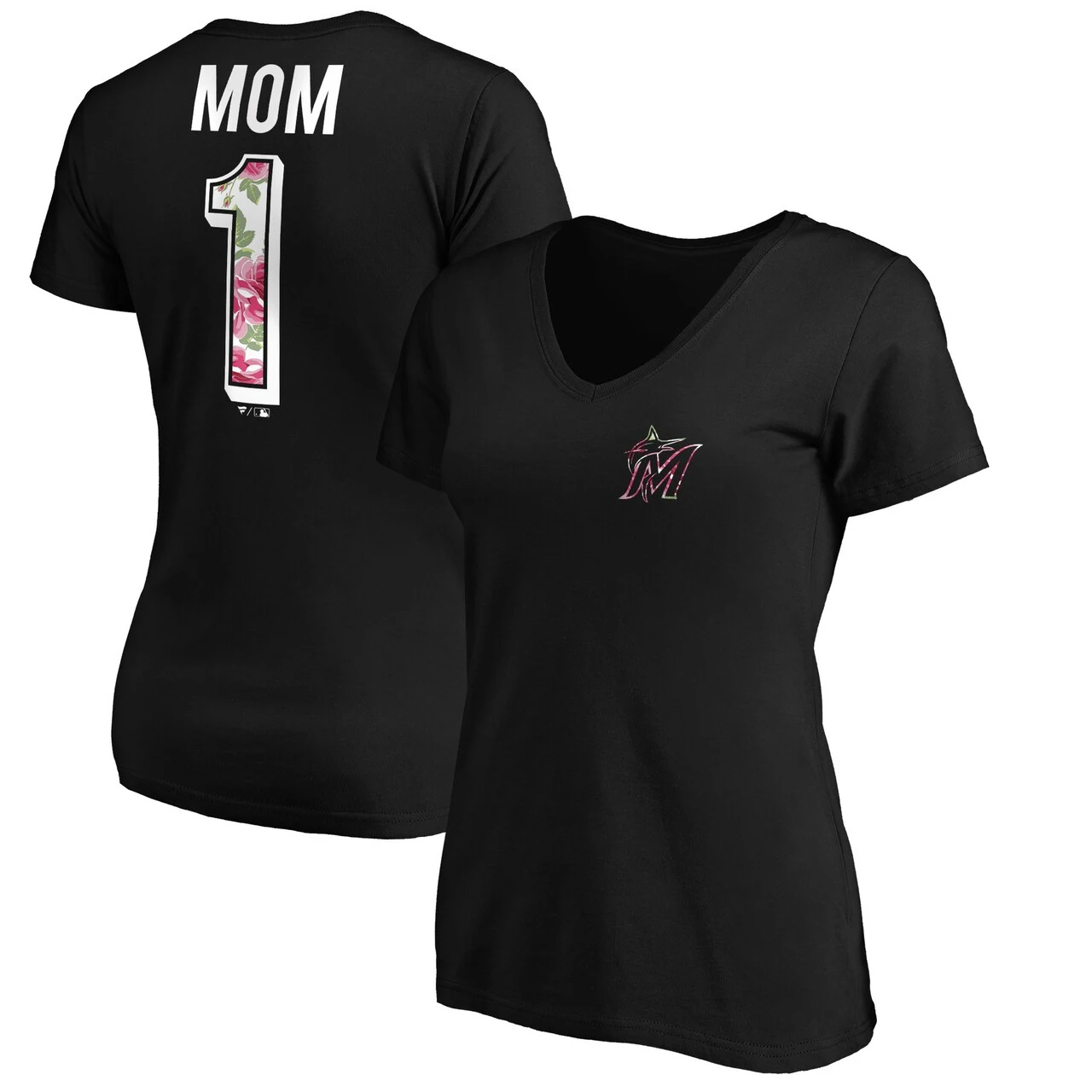 Women's Miami Marlins Fanatics Branded Black Plus Size Mother's Day V-Neck T-Shirt