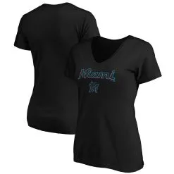 Women's Miami Marlins Fanatics Branded Black Team Logo Lockup V-Neck T-Shirt