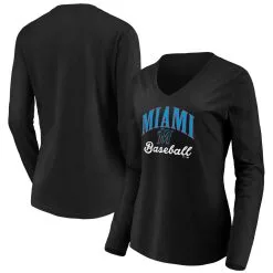 Women's Miami Marlins Fanatics Branded Black Victory Script V-Neck Long Sleeve T-Shirt