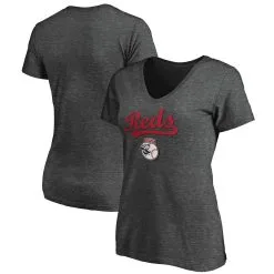 Women's Cincinnati Reds Fanatics Branded Heathered Charcoal Team Logo Lockup V-Neck T-Shirt
