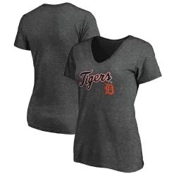 Women's Detroit Tigers Fanatics Branded Heathered Charcoal Team Logo Lockup V-Neck T-Shirt