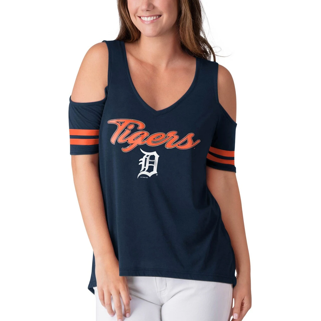 Women's Detroit Tigers G-III 4Her By Carl Banks Navy Extra Inning Cold Shoulder T-Shirt - Image 4