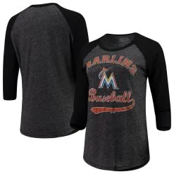 Women's Miami Marlins Majestic Threads Black Team Baseball Three-Quarter Raglan Sleeve Tri-Blend T-Shirt