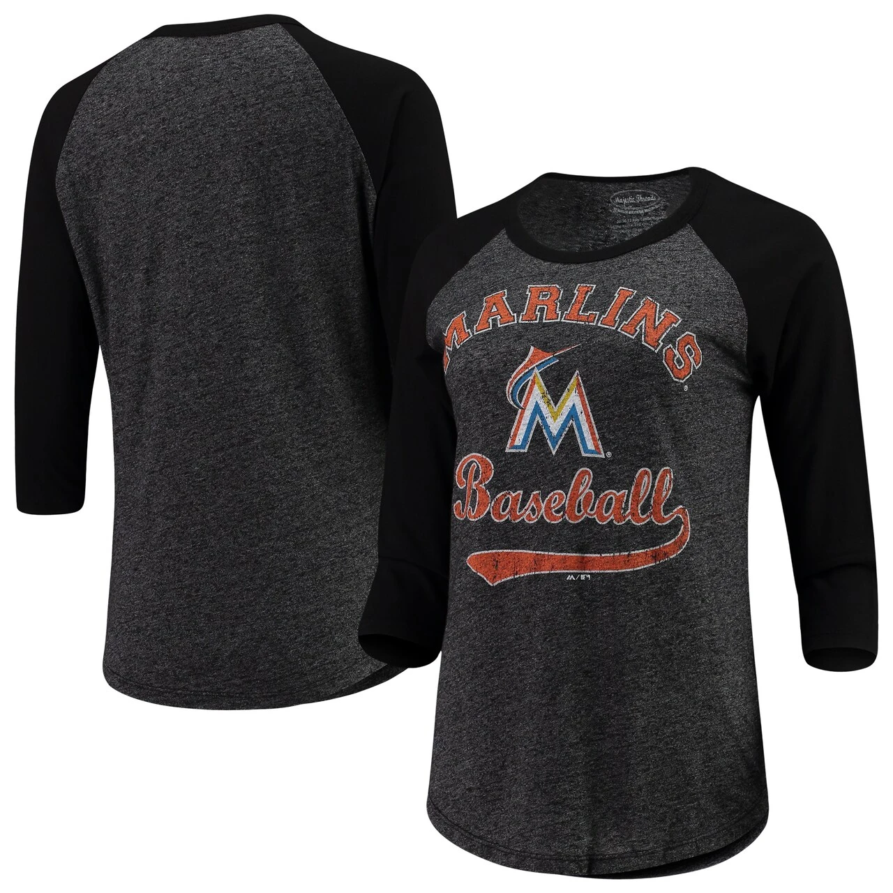 Women's Miami Marlins Majestic Threads Black Team Baseball Three-Quarter Raglan Sleeve Tri-Blend T-Shirt