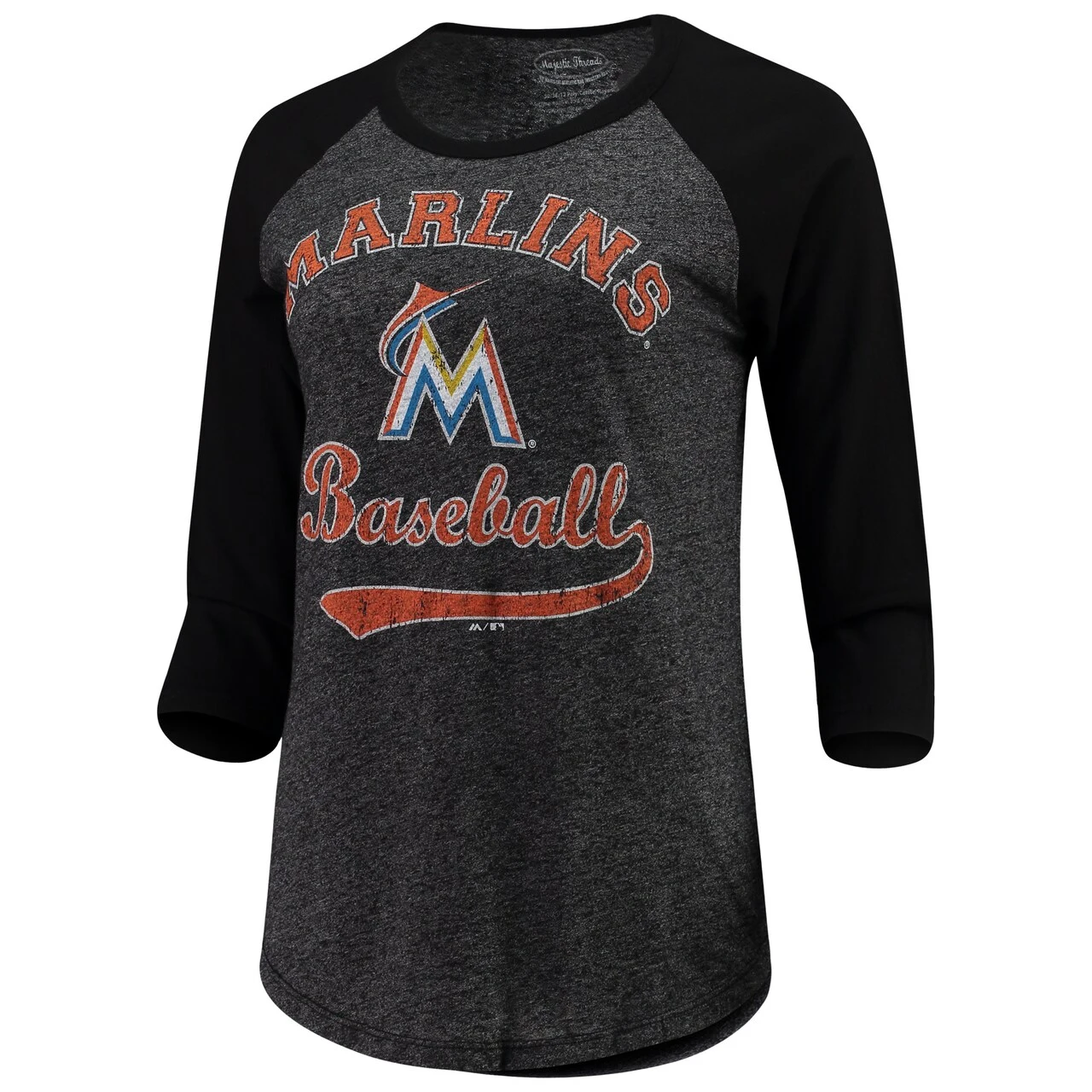 Women's Miami Marlins Majestic Threads Black Team Baseball Three-Quarter Raglan Sleeve Tri-Blend T-Shirt - Image 2