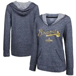 Women's Atlanta Braves Majestic Threads Navy 2022 Gold Program Wordmark Pullover Hoodie