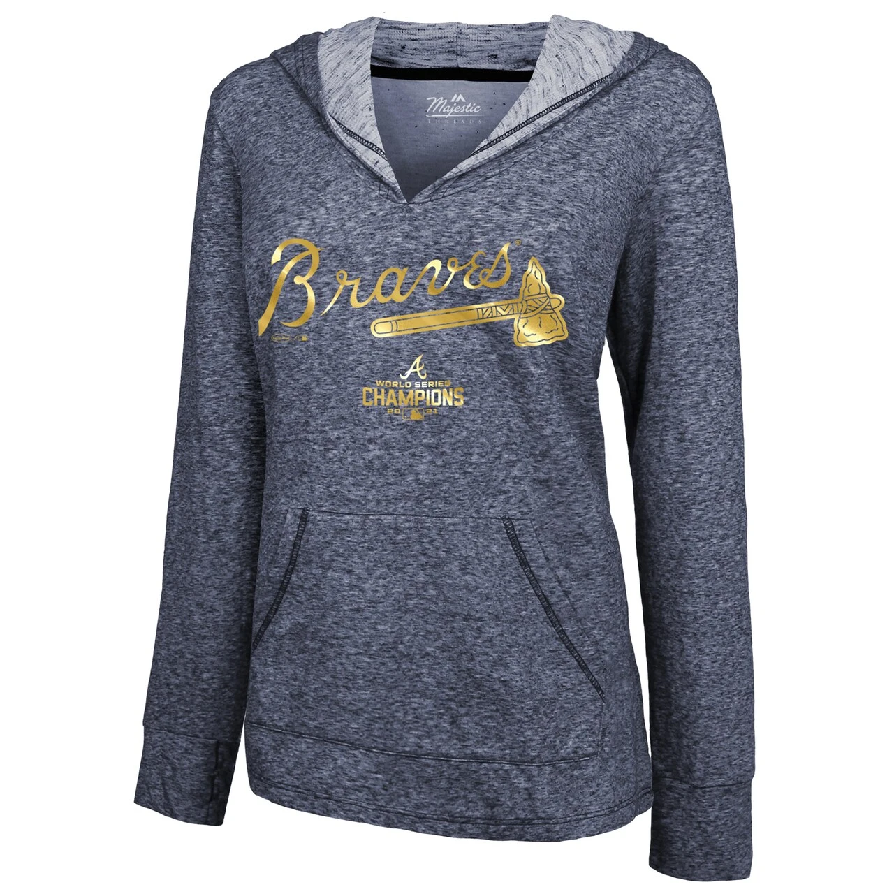 Women's Atlanta Braves Majestic Threads Navy 2022 Gold Program Wordmark Pullover Hoodie - Image 2