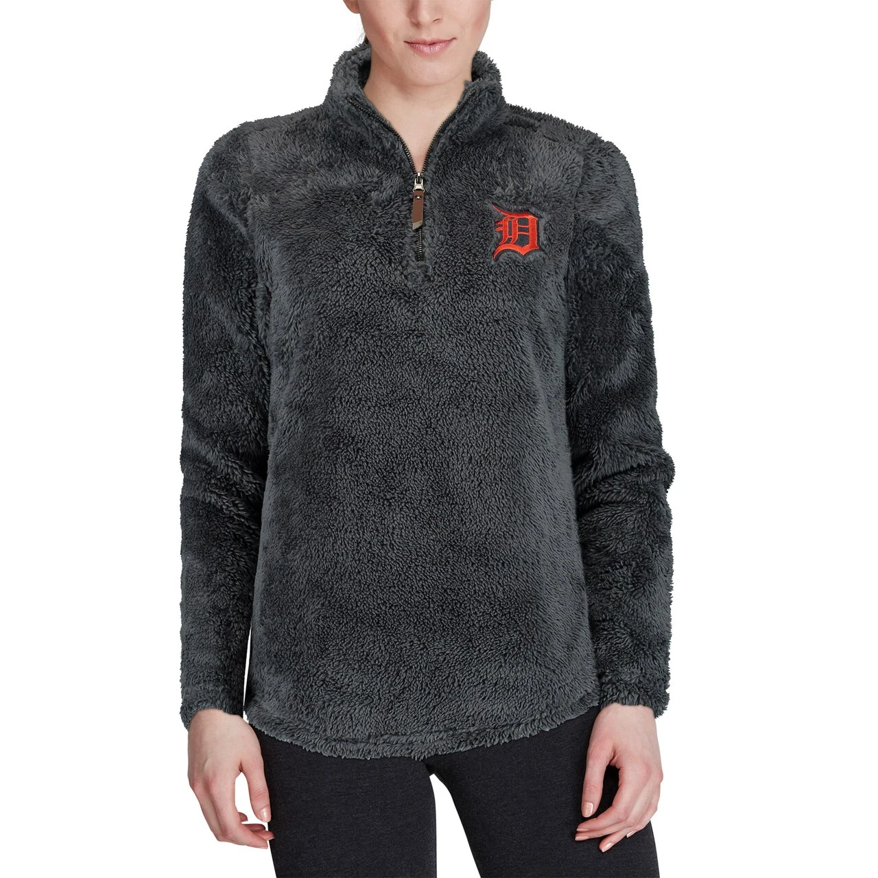Women's Detroit Tigers Soft As A Grape Charcoal Sherpa Quarter-Zip Pullover Sweatshirt - Image 4