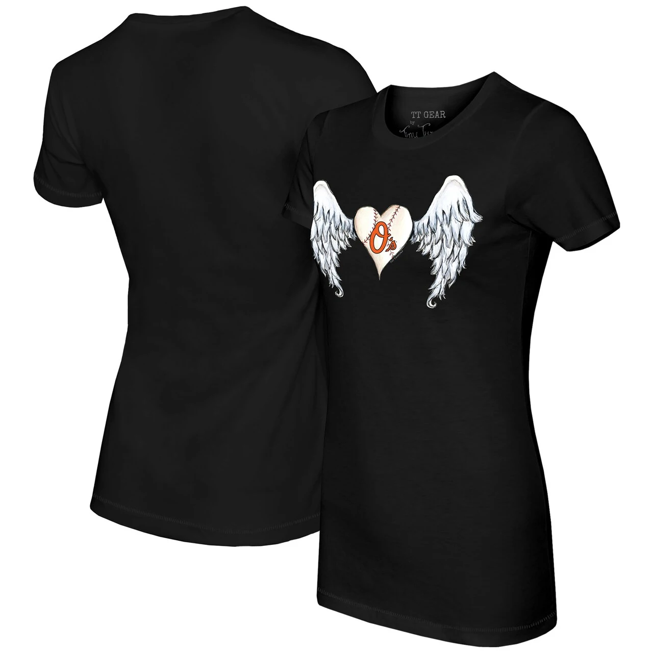 Women's Baltimore Orioles Tiny Turnip Black Angel Wings T-Shirt