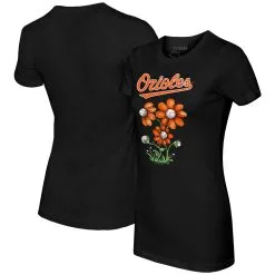 Women's Baltimore Orioles Tiny Turnip Black Blooming Baseballs T-Shirt