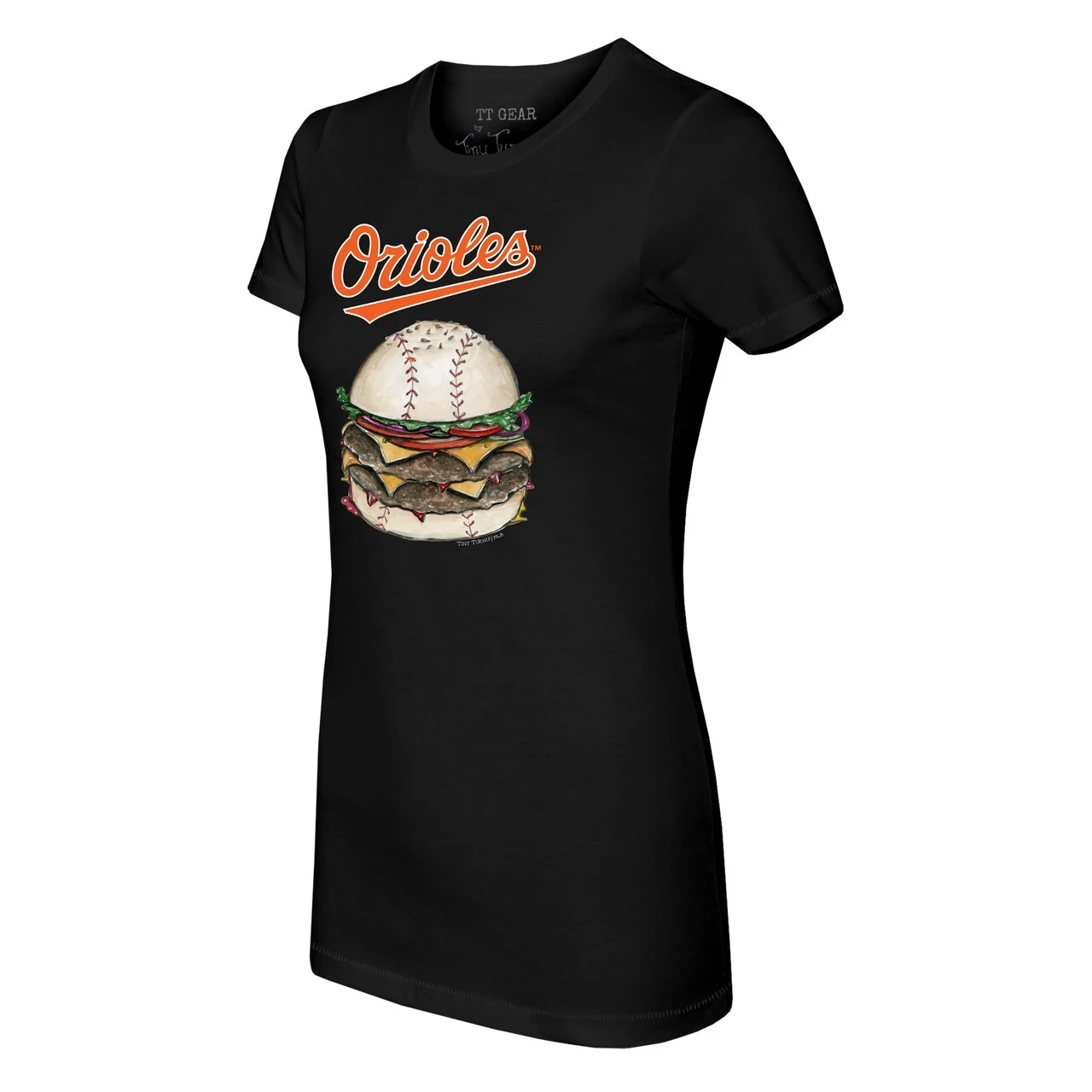 Women's Baltimore Orioles Tiny Turnip Black Burger T-Shirt - Image 2