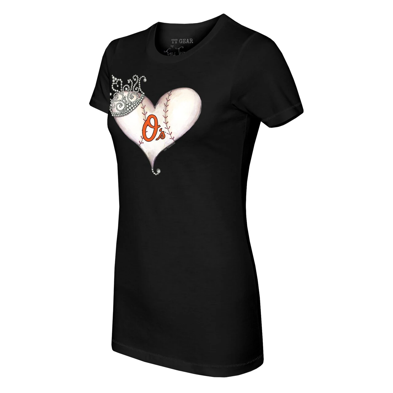 Women's Baltimore Orioles Tiny Turnip Black Tiara Heart T-Shirt - Image 2