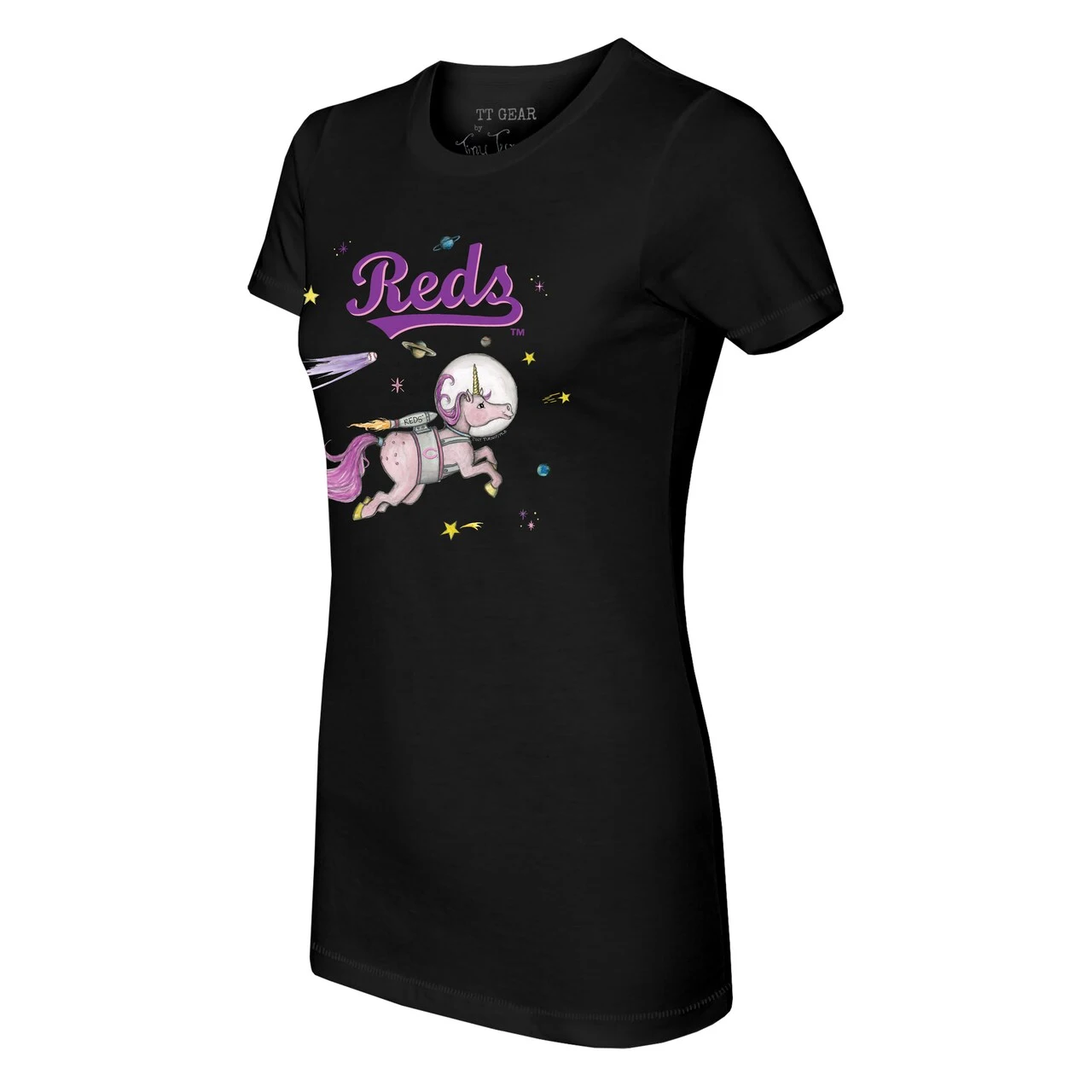 Women's Cincinnati Reds Tiny Turnip Black Space Unicorn T-Shirt - Image 2