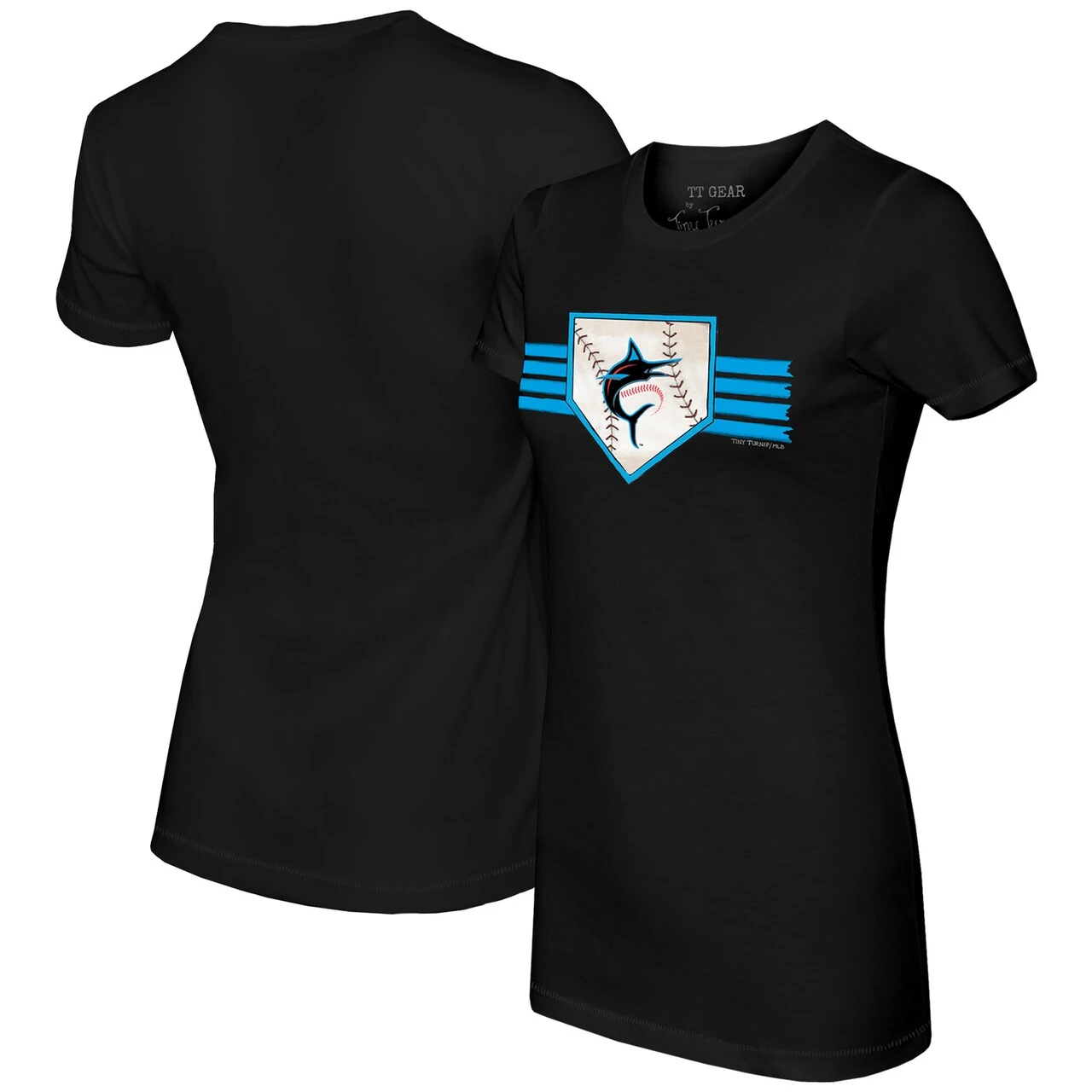 Women's Miami Marlins Tiny Turnip Black Base Stripe T-Shirt