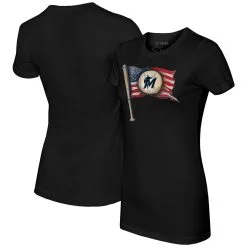 Women's Miami Marlins Tiny Turnip Black Baseball Flag T-Shirt