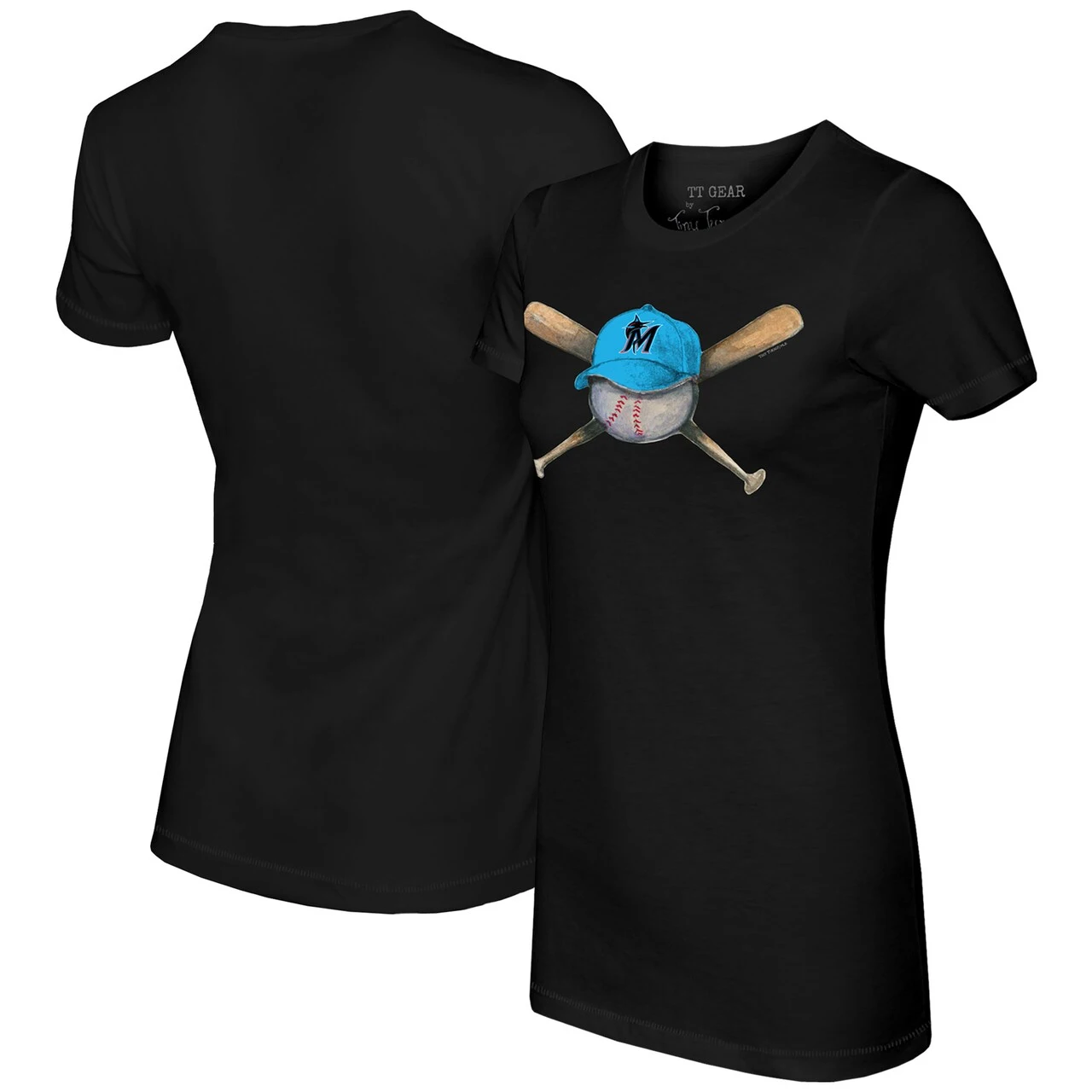 Women's Miami Marlins Tiny Turnip Black Hat Crossbats T-Shirt