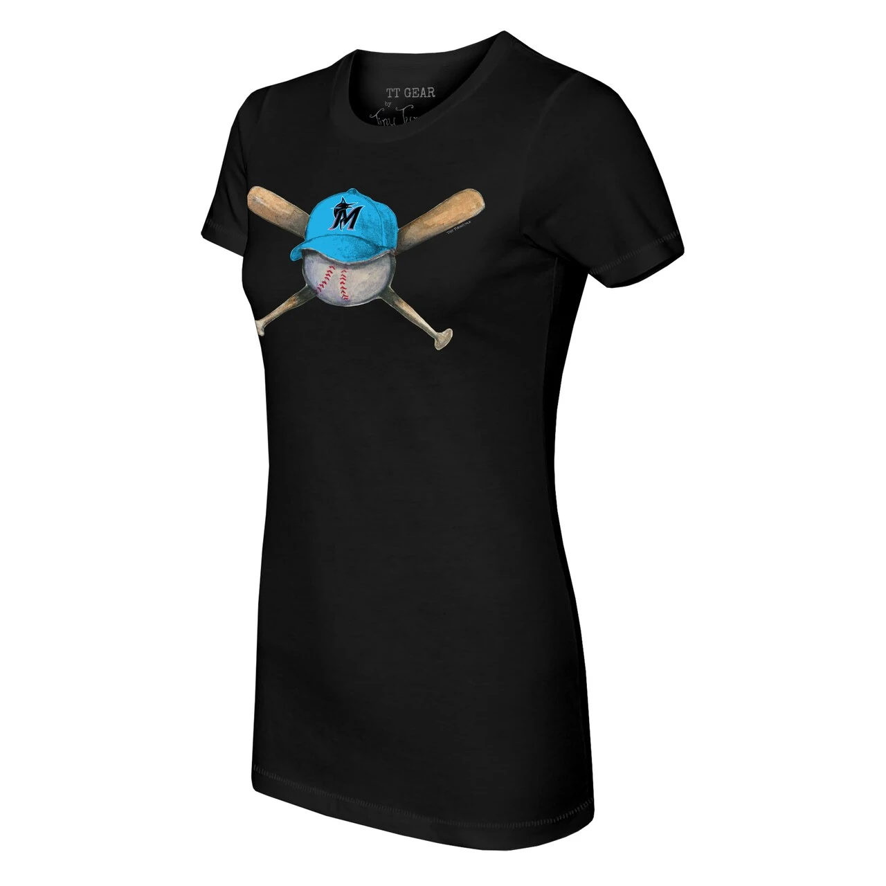 Women's Miami Marlins Tiny Turnip Black Hat Crossbats T-Shirt - Image 2
